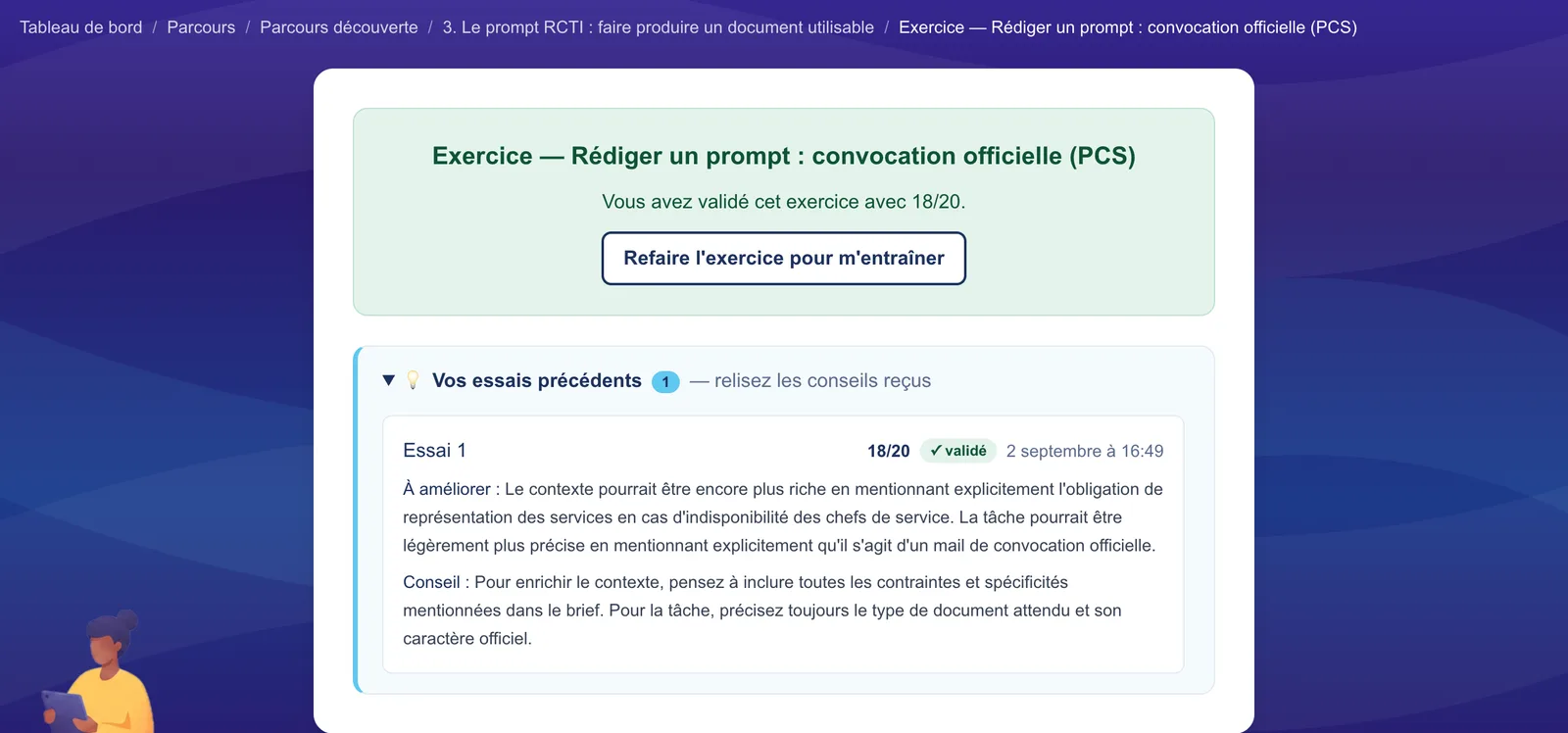 Un exercice de prompting corrigé par l’IA : note de 18 sur 20, points à améliorer et conseil.